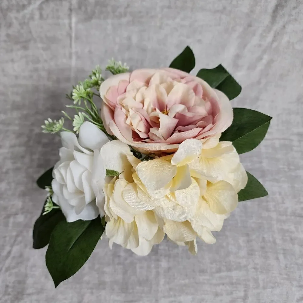 New Silk Rose Hydrangea Peony Artificial Flowers in Clear Glass Vase
